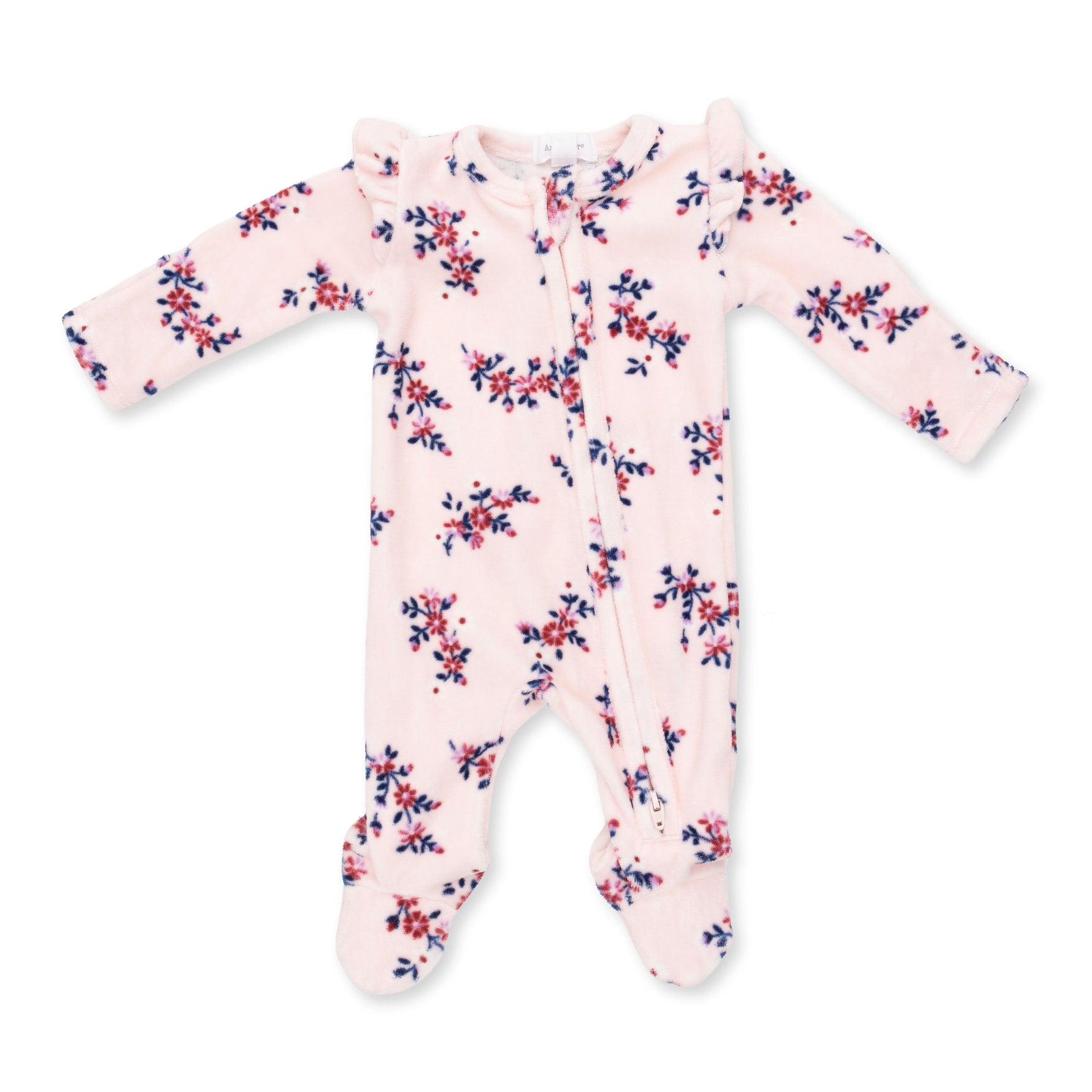 Baby footie pajama in Nora floral velour print with ruffle sleeves, fold-over cuffs and a full-length front zipper
