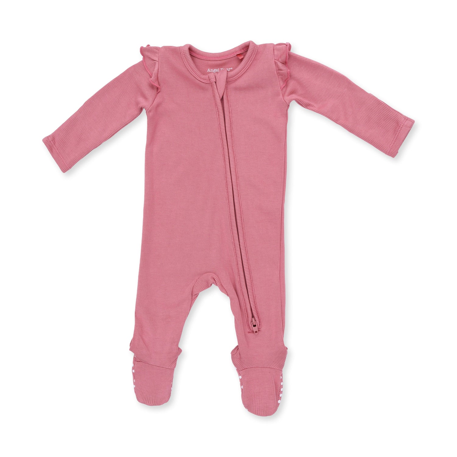 Baby footie in solid Baroque Rose with ruffle sleeves, fold-over cuffs, a two-way zipper and gripper feet.