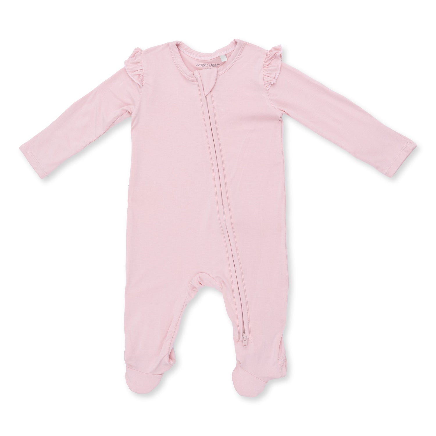 Ruffle-sleeve zipper footie in solid peachskin with fold-over cuffs and footed grippers.