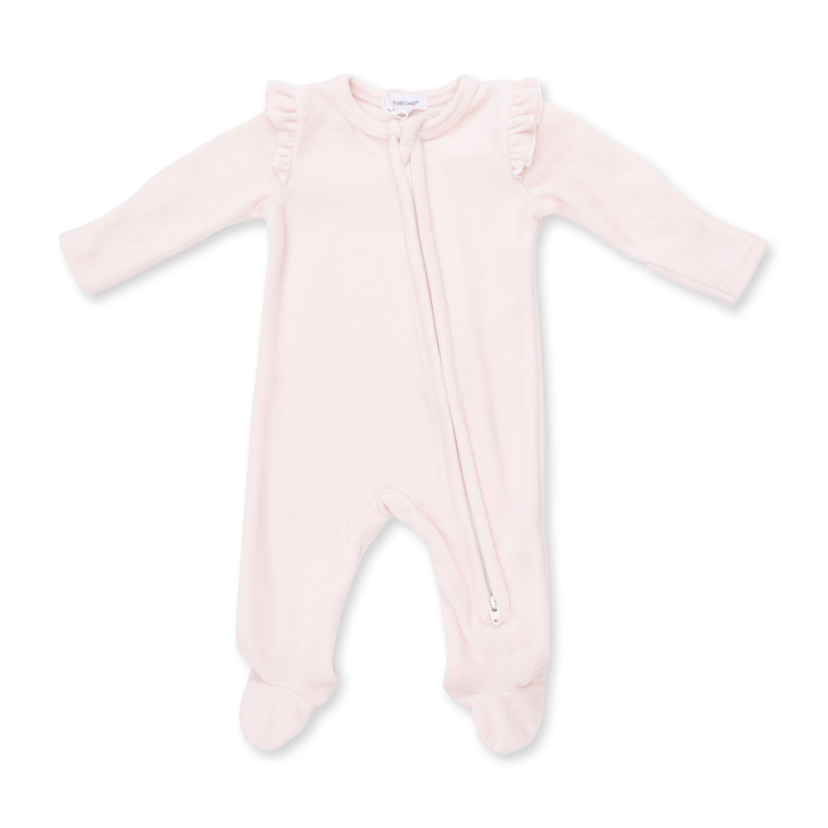 Baby footie pajamas in soft pink velour with ruffle sleeves, fold-over cuffs and a front two-way zipper
