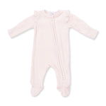 Baby footie pajamas in soft pink velour with ruffle sleeves, fold-over cuffs and a front two-way zipper