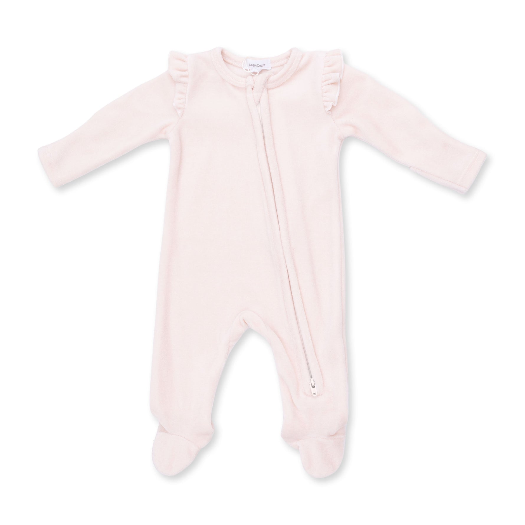 Baby footie pajamas in soft pink velour with ruffle sleeves, fold-over cuffs and a front two-way zipper