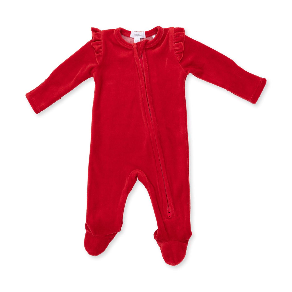 Baby footie pajama in holiday red velour with ruffle sleeves, fold-over cuffs and a full-length two-way zipper