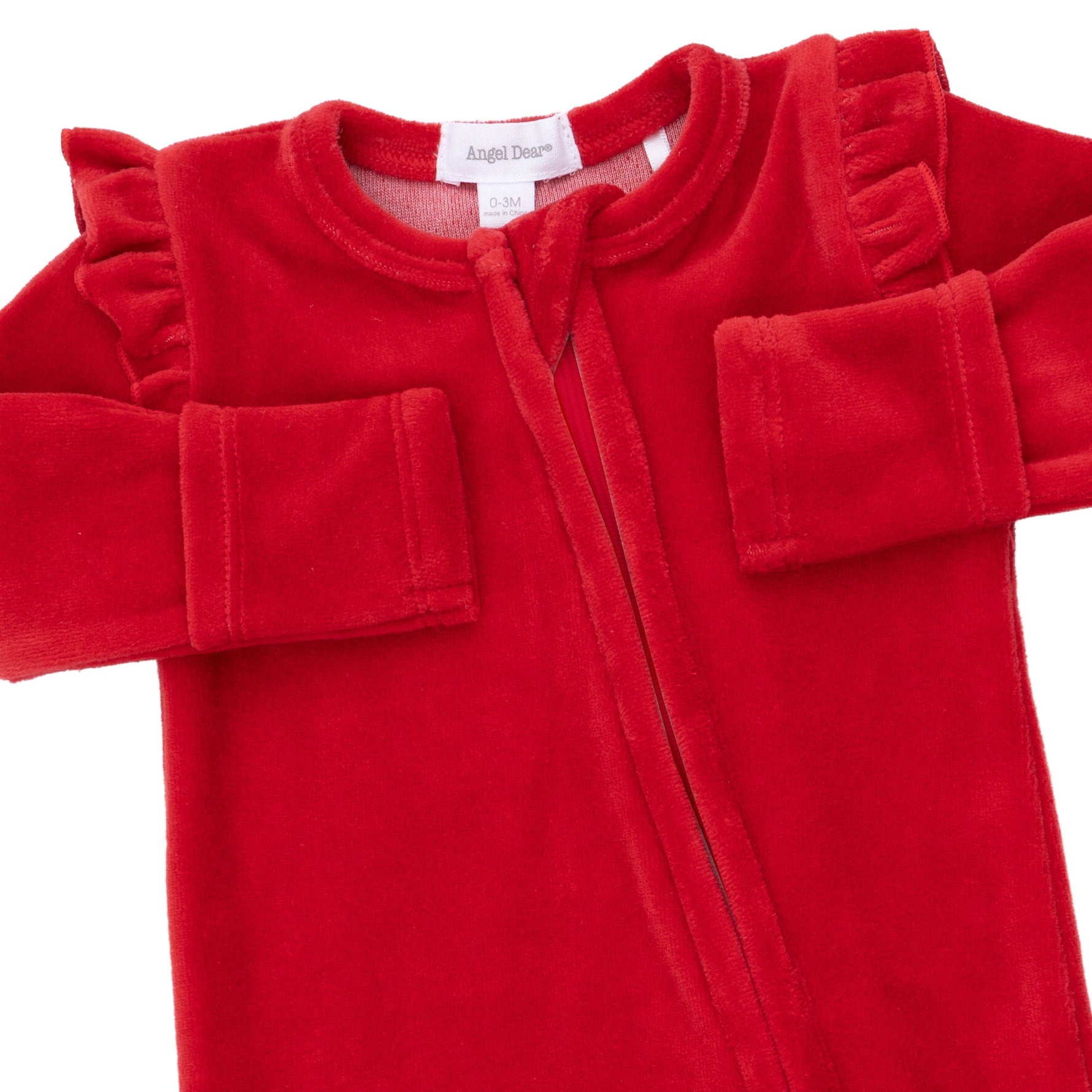 Velour Holiday Red - 2 Way Ruffle Sleeve Zipper Footie by Angel Dear