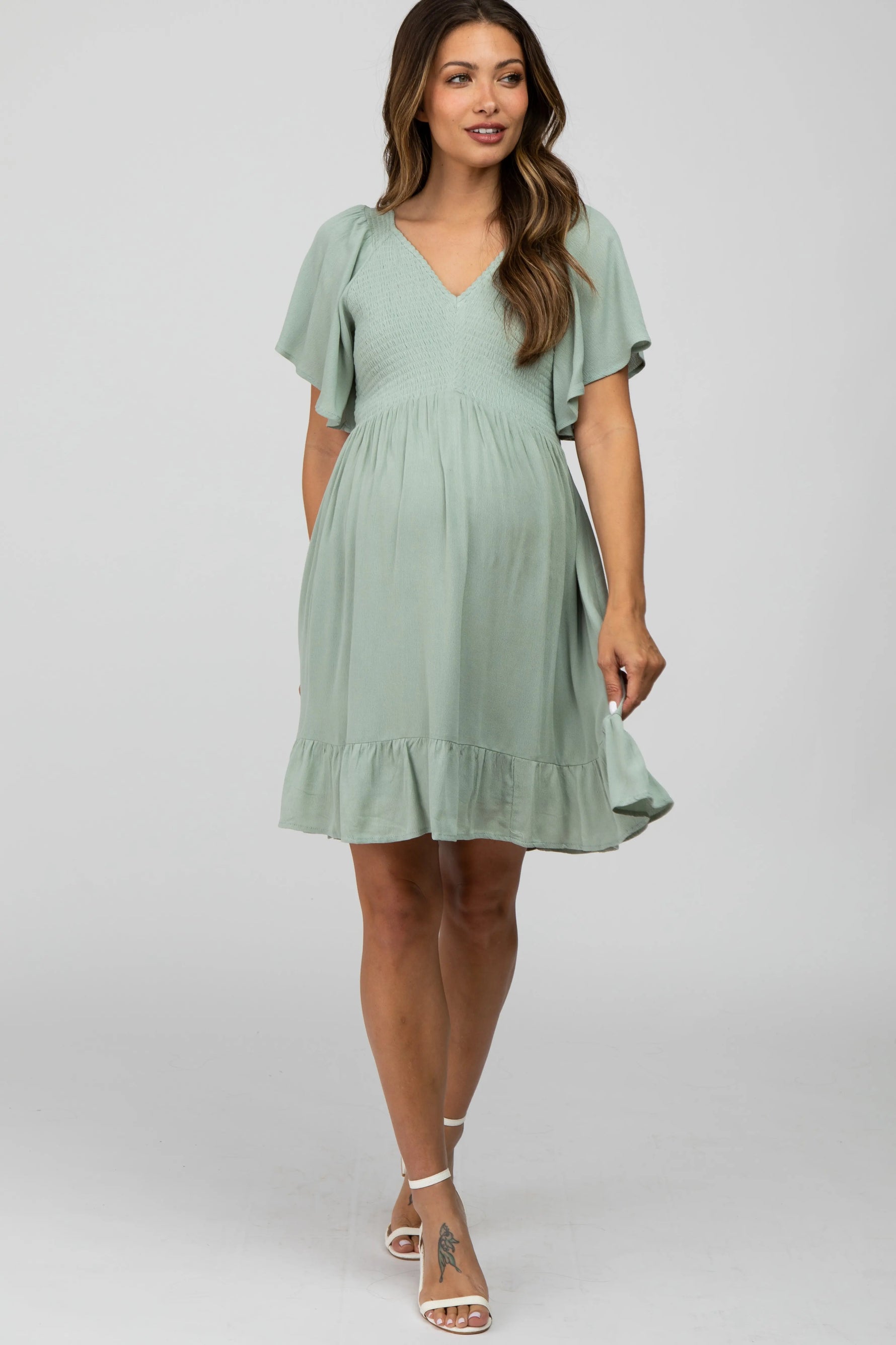 Mint Green Smocked Front Ruffle Hem Maternity Dress PinkBlush 