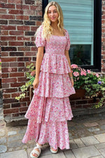 Floral Maxi Dress, Square Neck, Ruffle Layered by PinkBlush