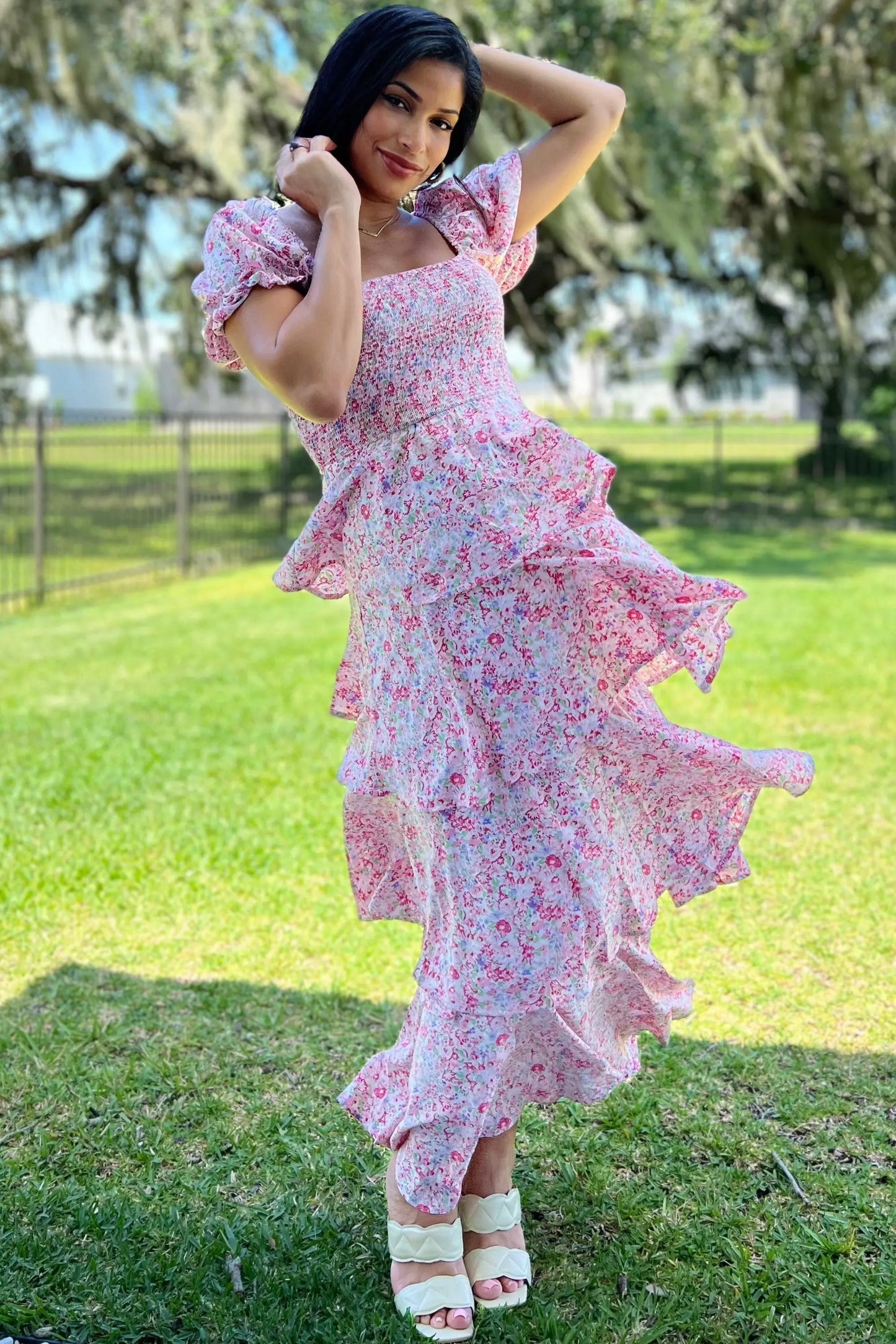 Pink Floral Square Neck Ruffle Layered Maxi Dress PinkBlush