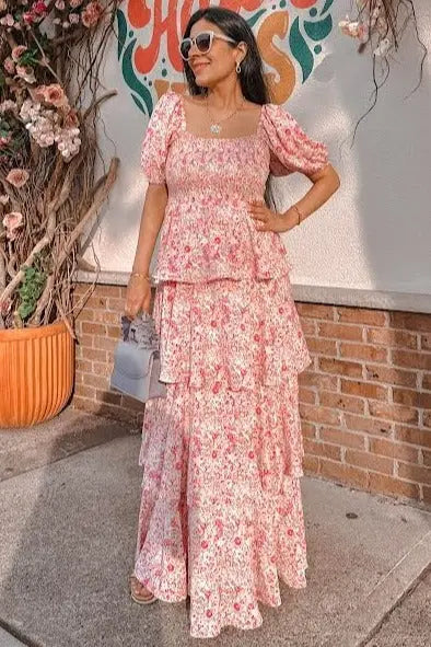 Pink Floral Square Neck Ruffle Layered Maxi Dress PinkBlush 