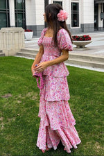 Floral Maxi Dress, Square Neck, Ruffle Layered by PinkBlush