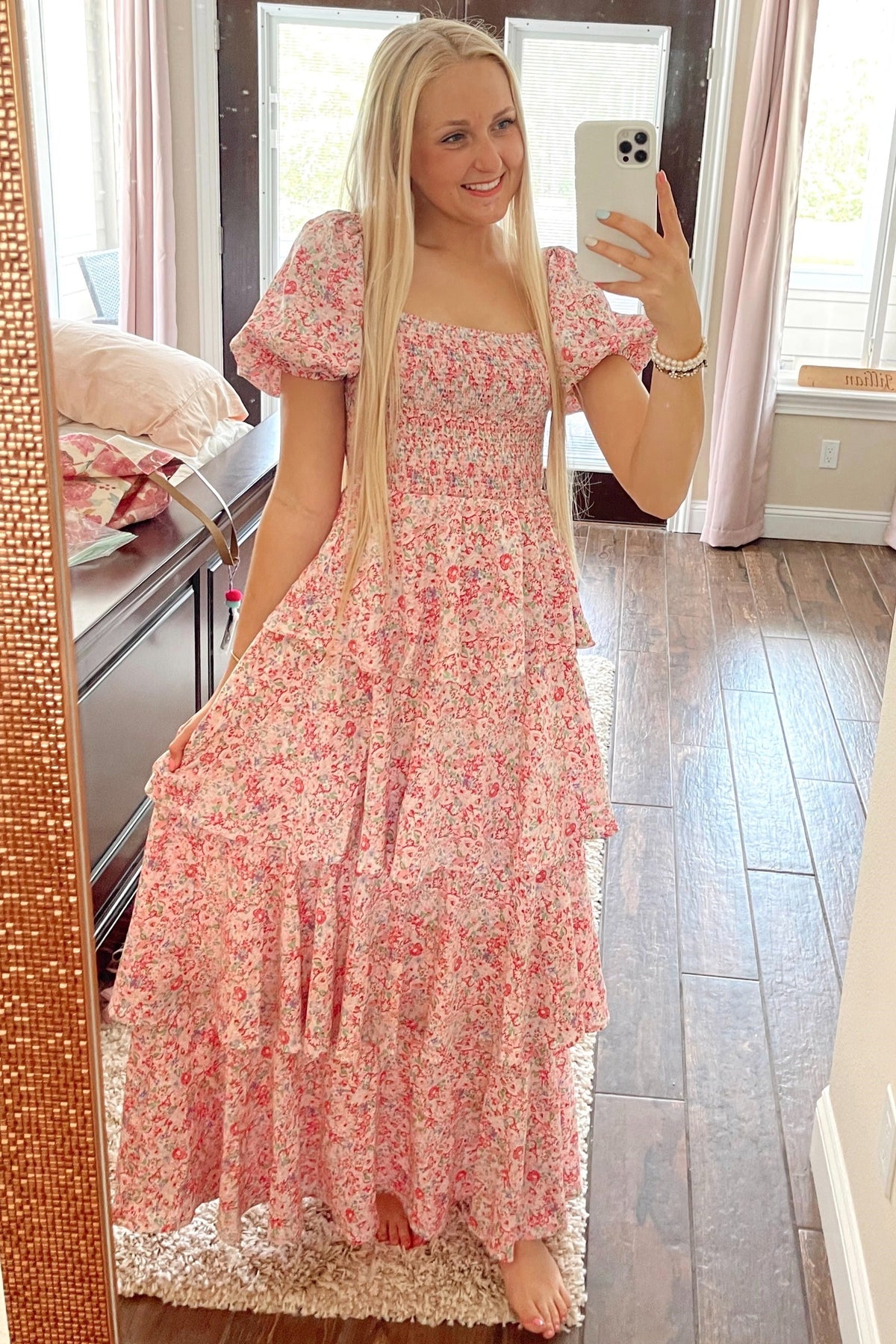 Floral Maxi Dress, Square Neck, Ruffle Layered by PinkBlush