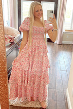 Floral Maxi Dress, Square Neck, Ruffle Layered by PinkBlush
