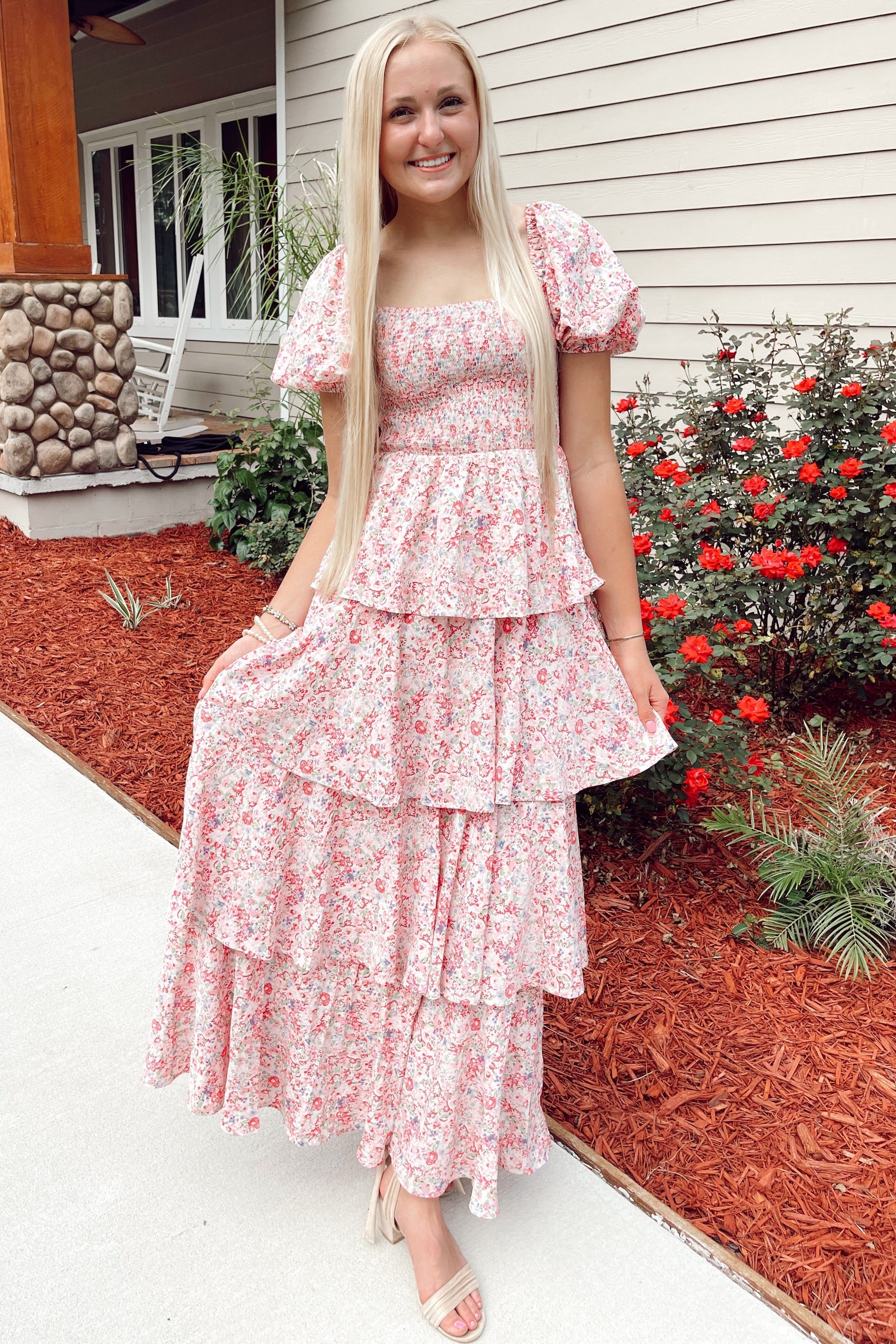 Floral Maxi Dress, Square Neck, Ruffle Layered by PinkBlush