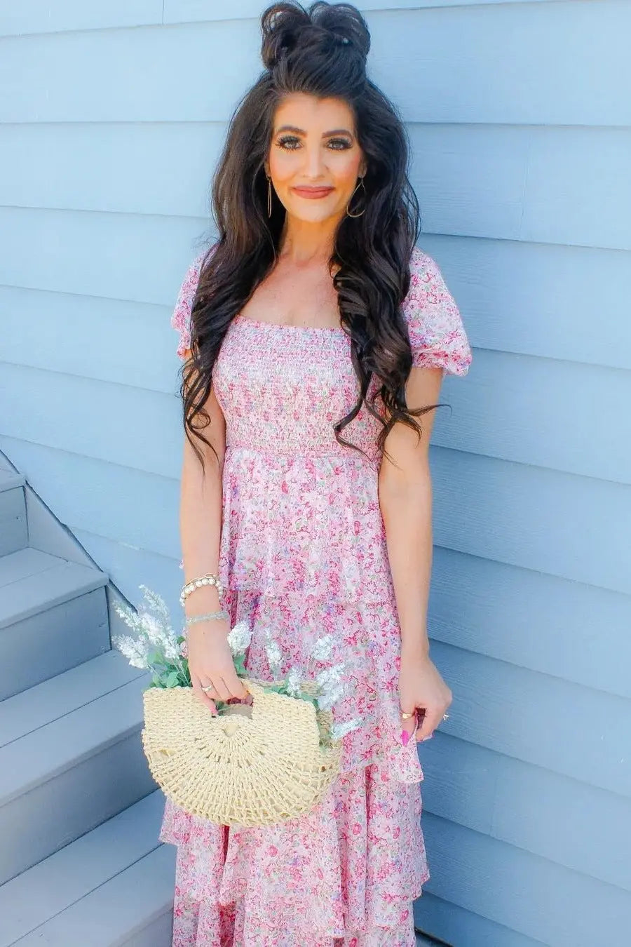 Pink Floral Square Neck Ruffle Layered Maxi Dress PinkBlush