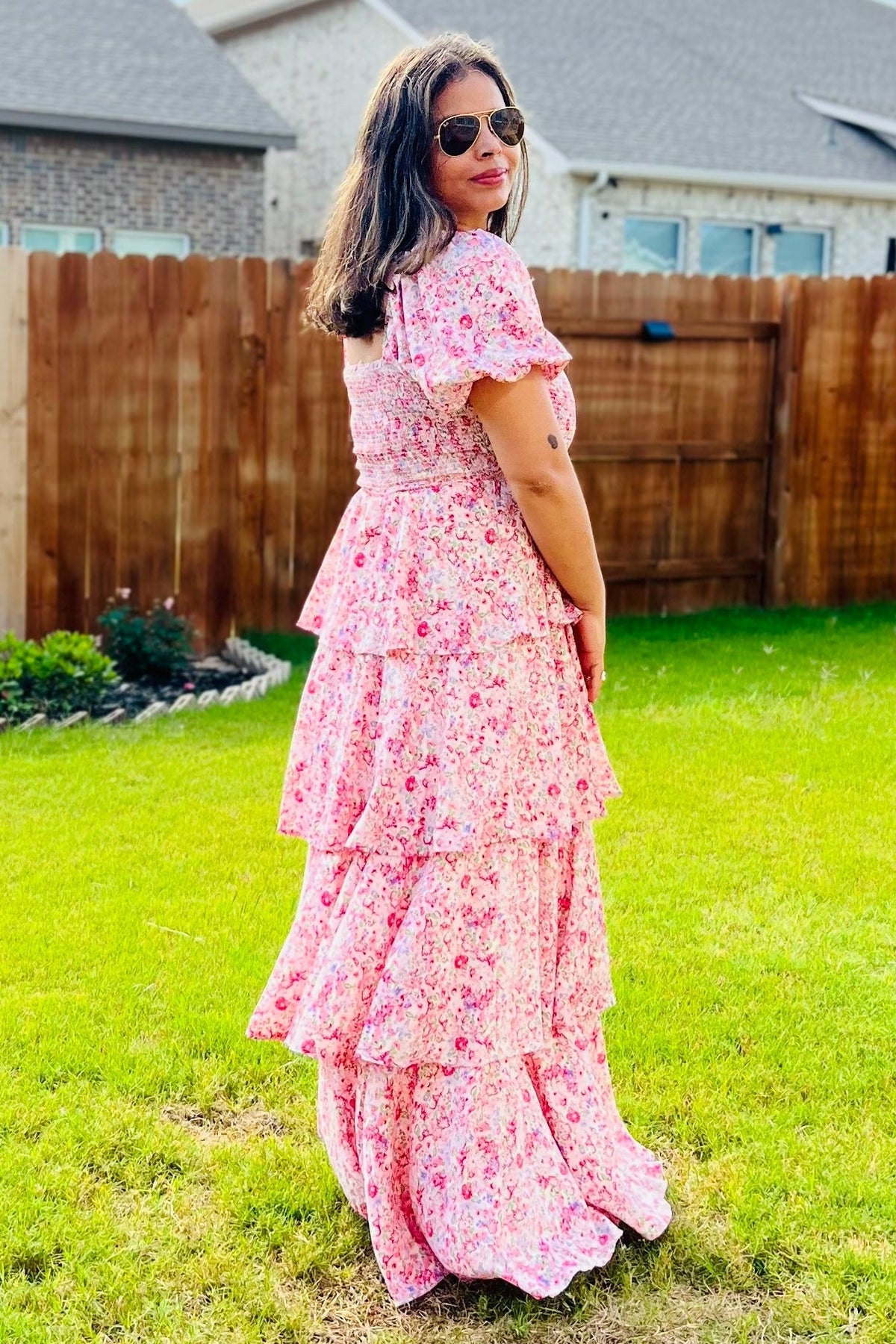 Floral Maxi Dress, Square Neck, Ruffle Layered by PinkBlush