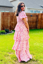 Floral Maxi Dress, Square Neck, Ruffle Layered by PinkBlush