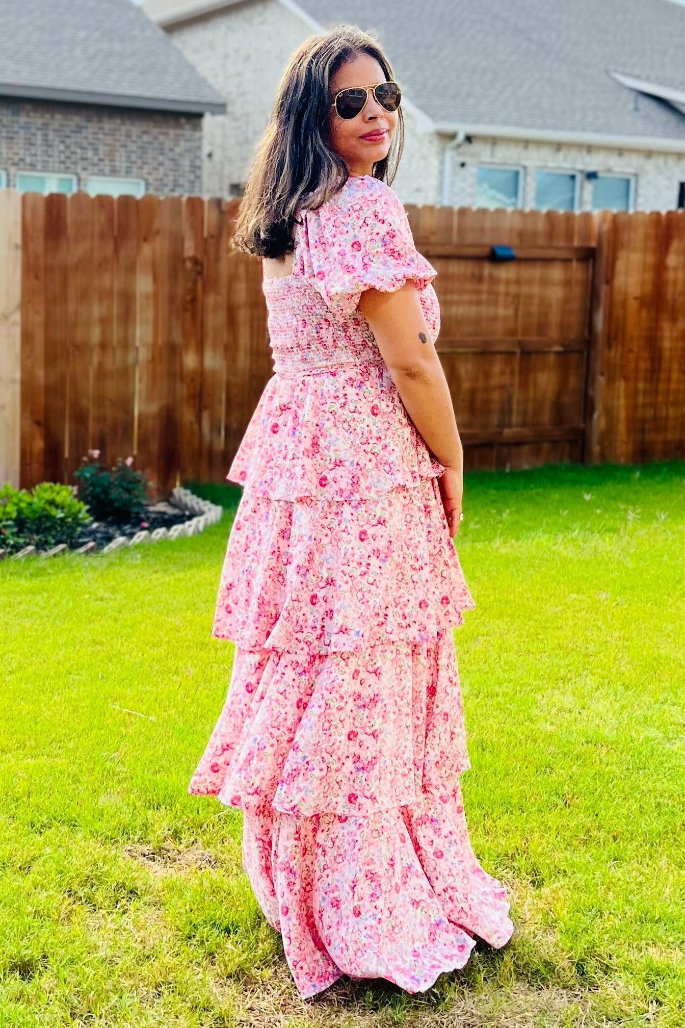 Floral Maxi Dress, Square Neck, Ruffle Layered by PinkBlush