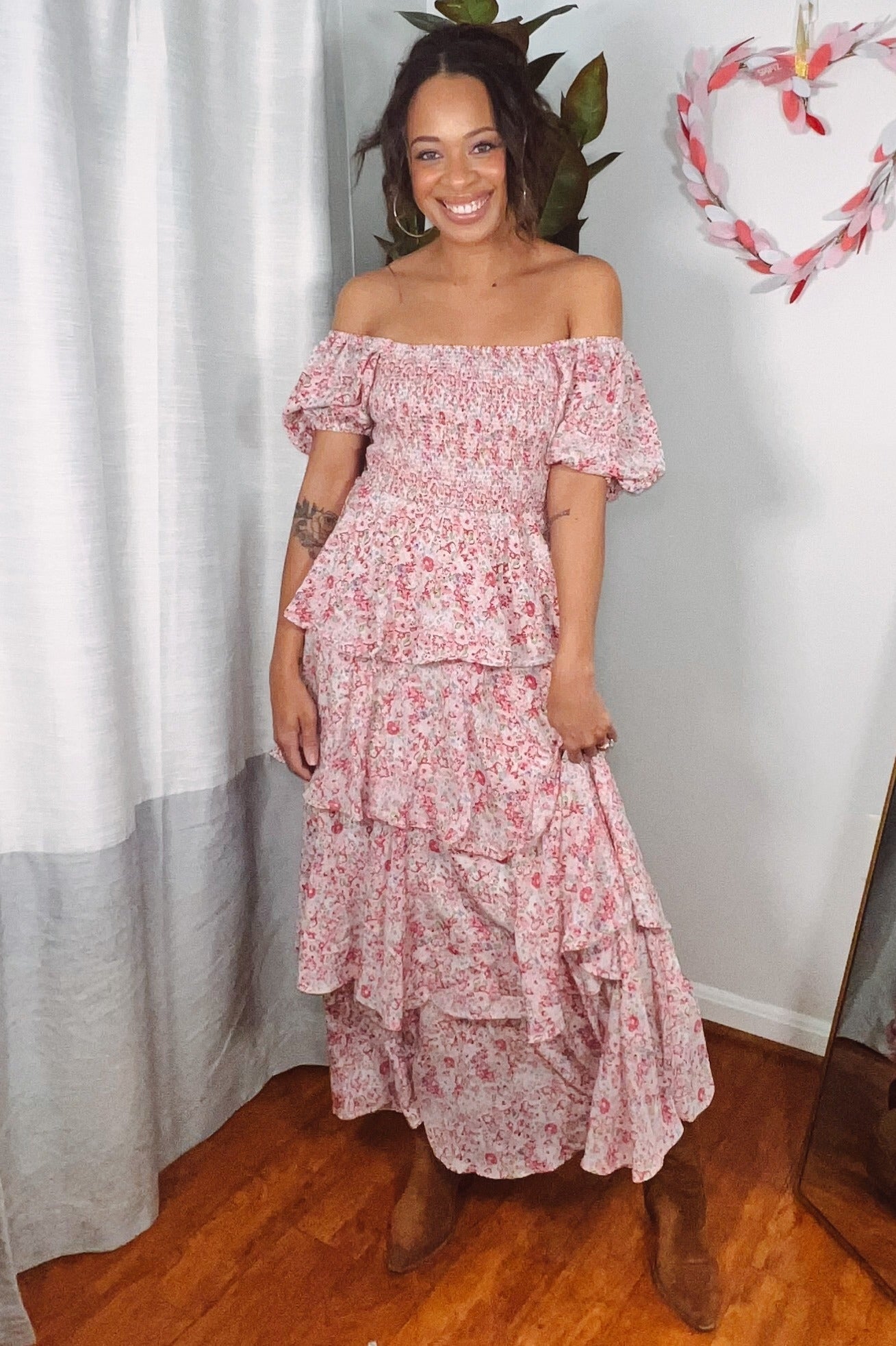 Floral Maxi Dress, Square Neck, Ruffle Layered by PinkBlush