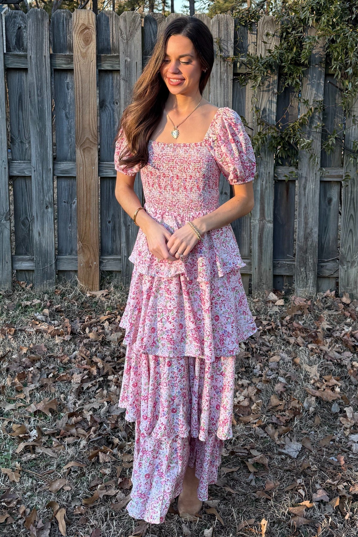 Floral Maxi Dress, Square Neck, Ruffle Layered by PinkBlush