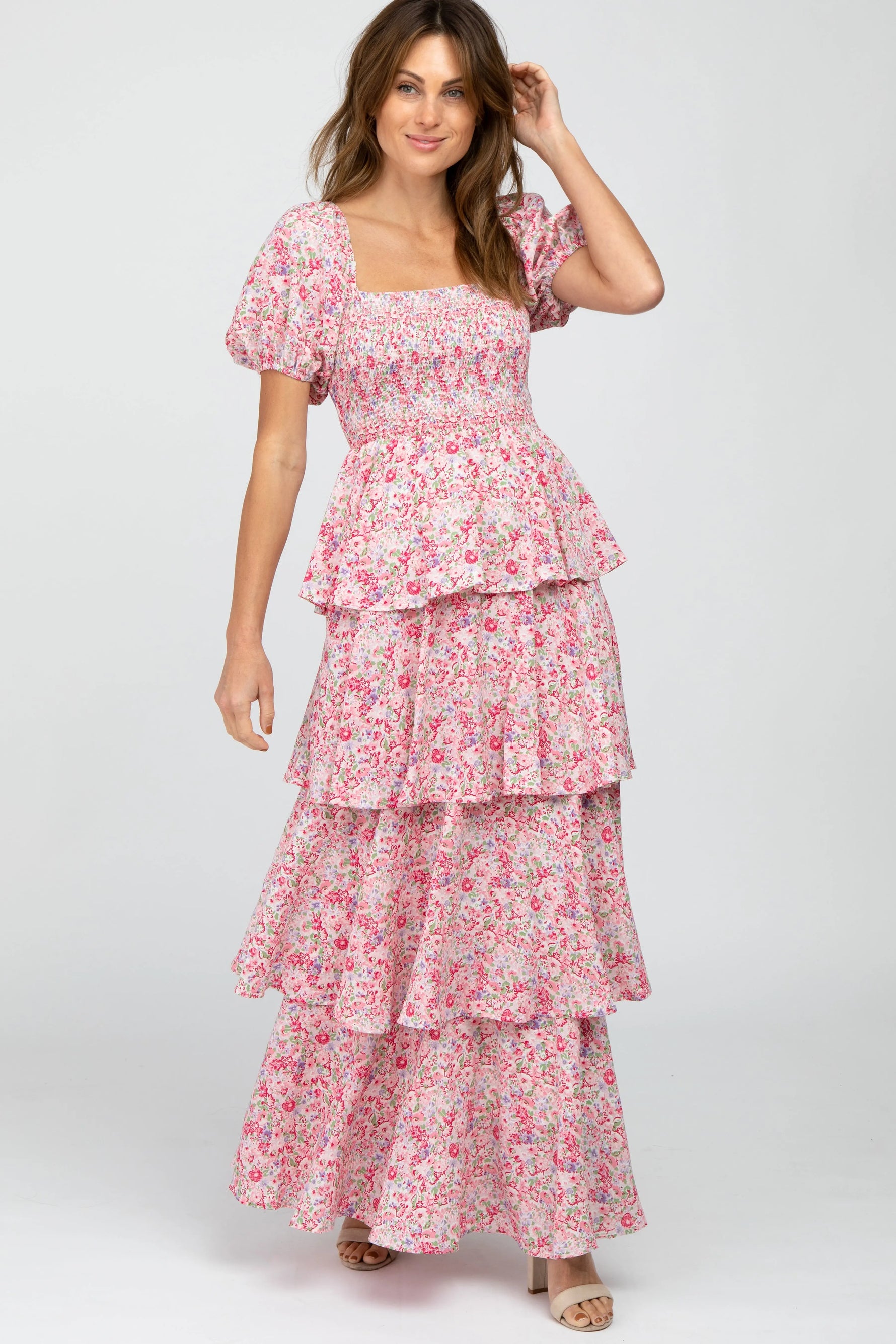 PinkBlush Chic Floral Maxi Dress with Ruffle Layers for Summer Occasions - Apparel & Accessories > Clothing > Dresses Apparel & Accessories > Clothing > Dresses