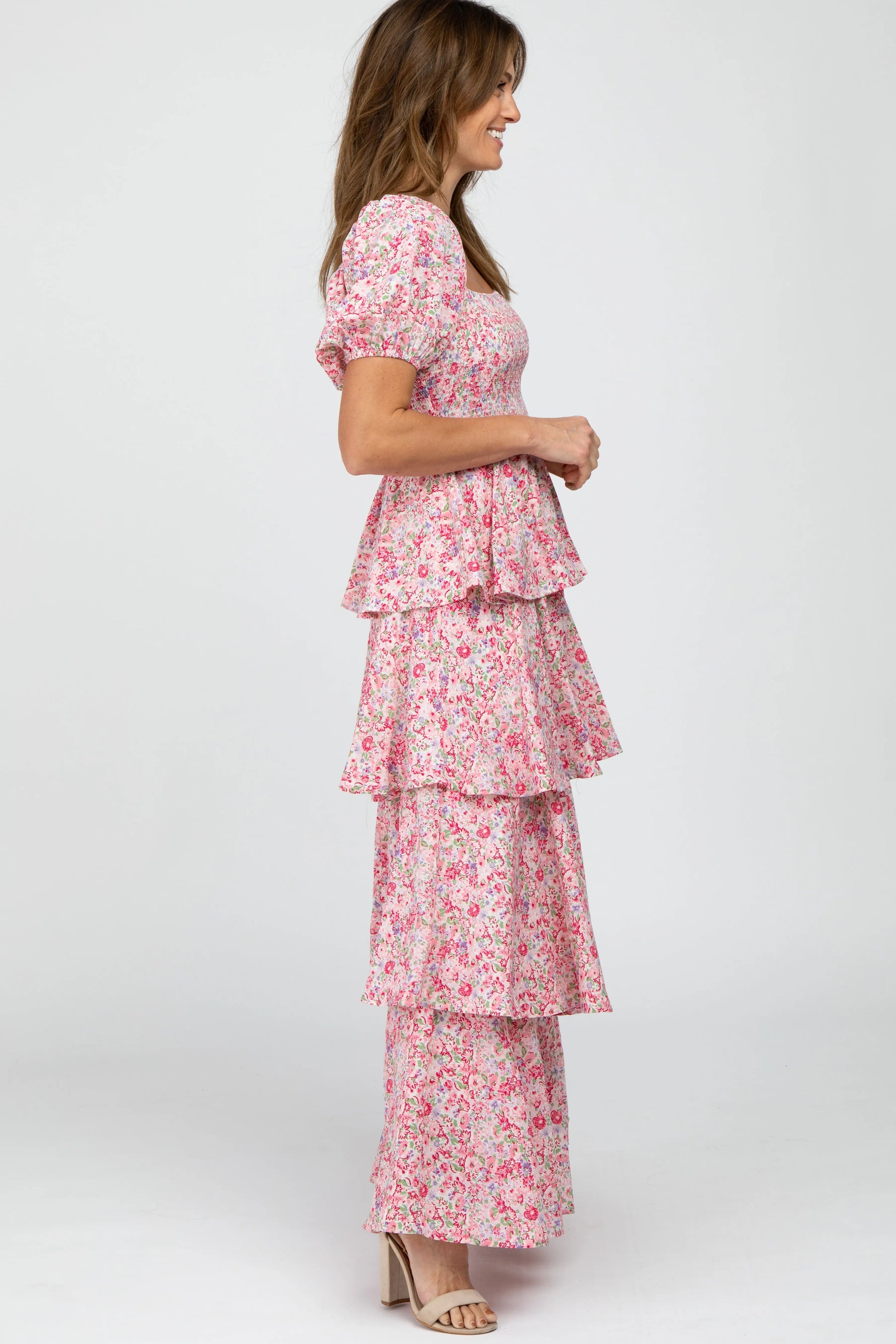 Pink Floral Square Neck Ruffle Layered Maxi Dress PinkBlush