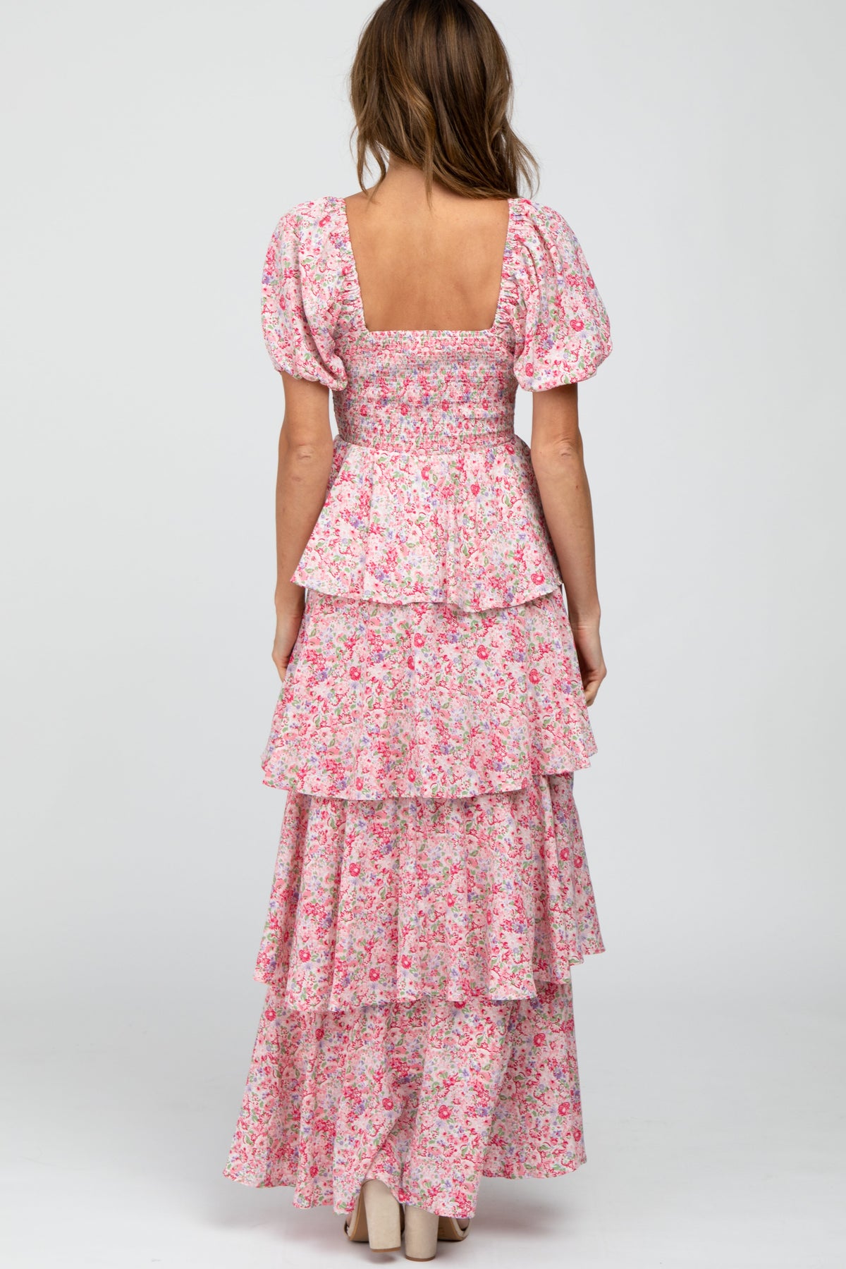 Floral Maxi Dress, Square Neck, Ruffle Layered by PinkBlush