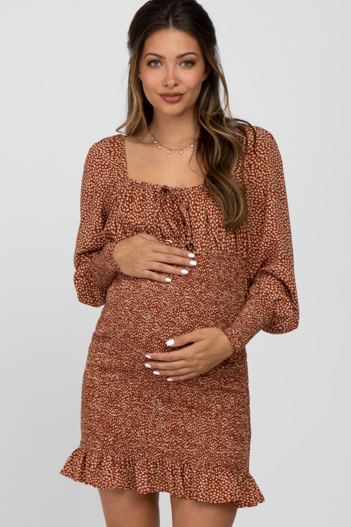 Smocked Maternity Dress, Leaf Print by PinkBlush (view 1 of 10)