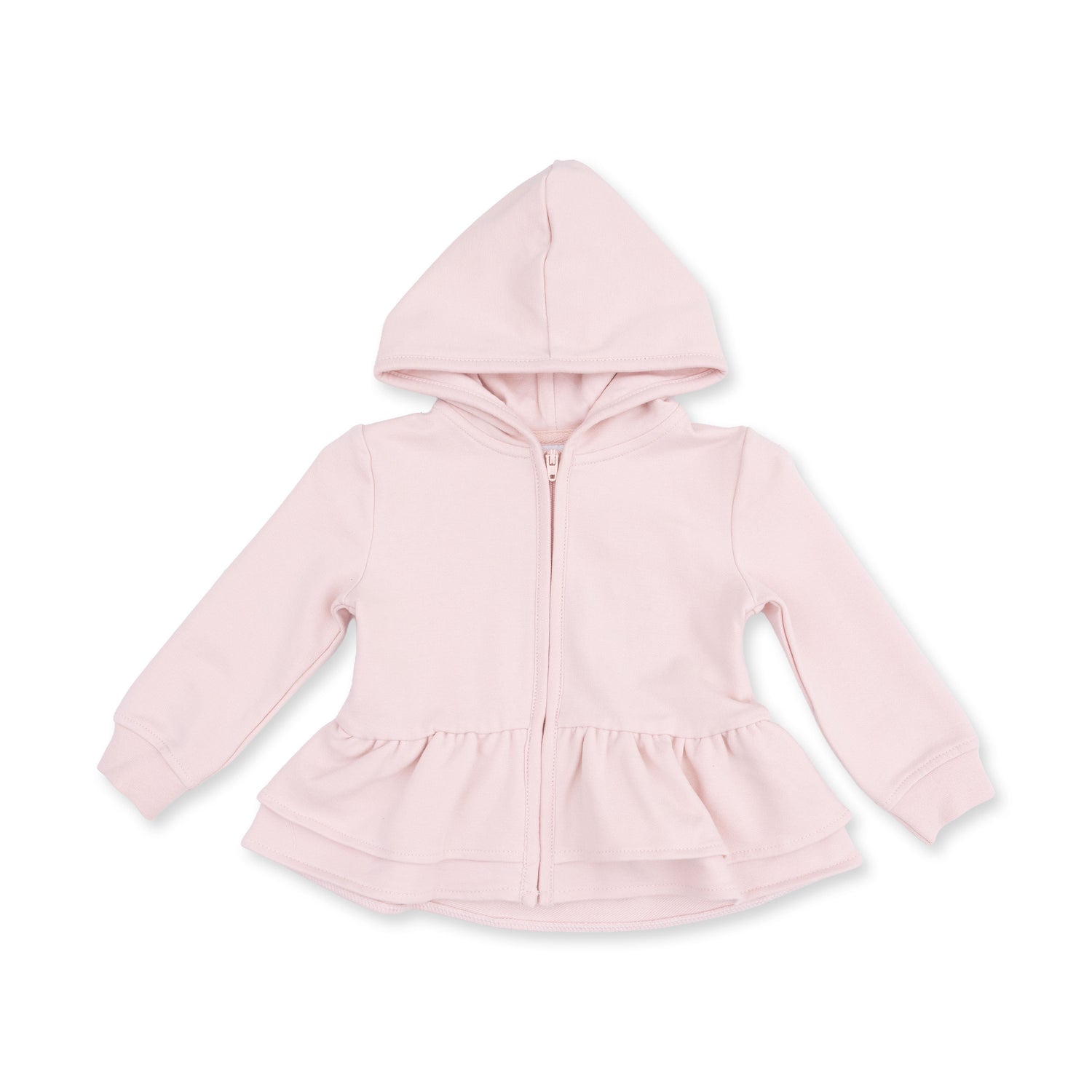 Zip peplum hoodie in pink with a ruffle hem, front zipper, and pink bow applique on the back.