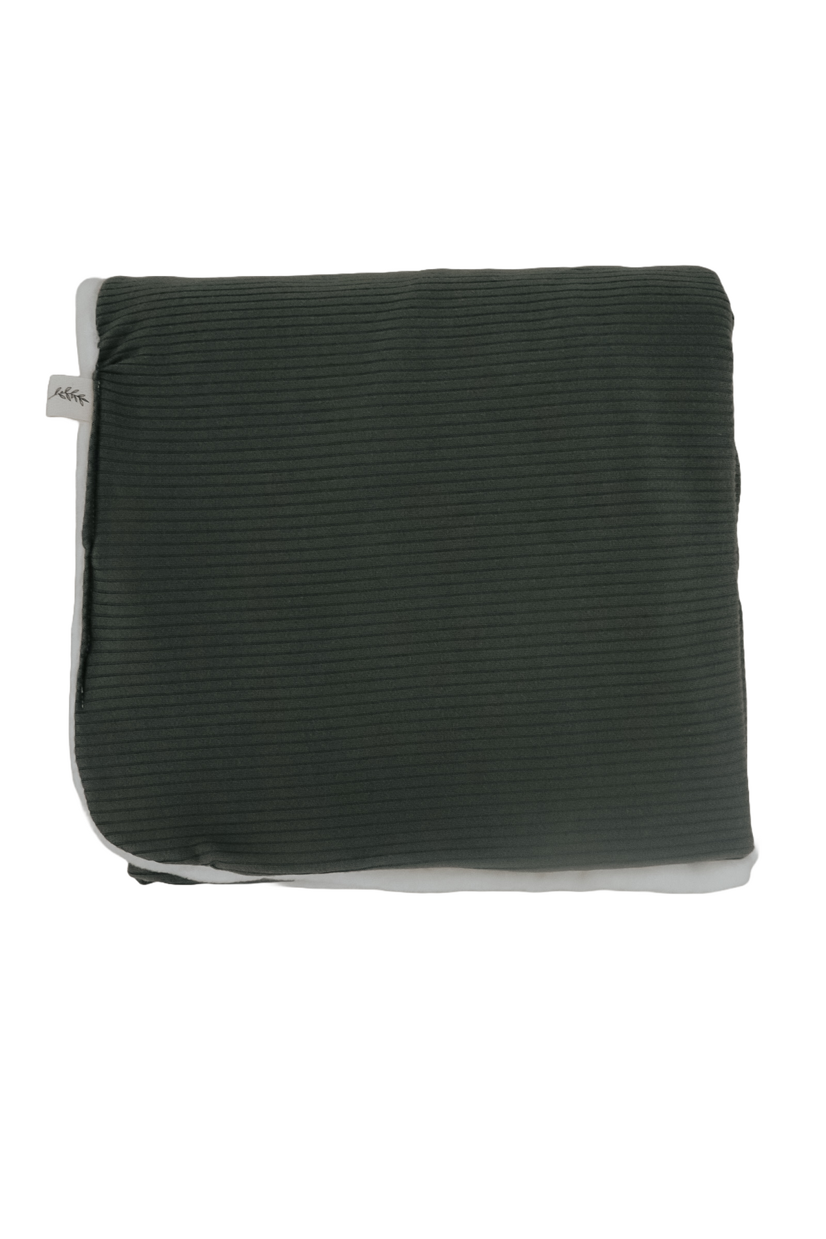 Moss green ribbed toddler blanket with minky backing, folded to show its soft texture