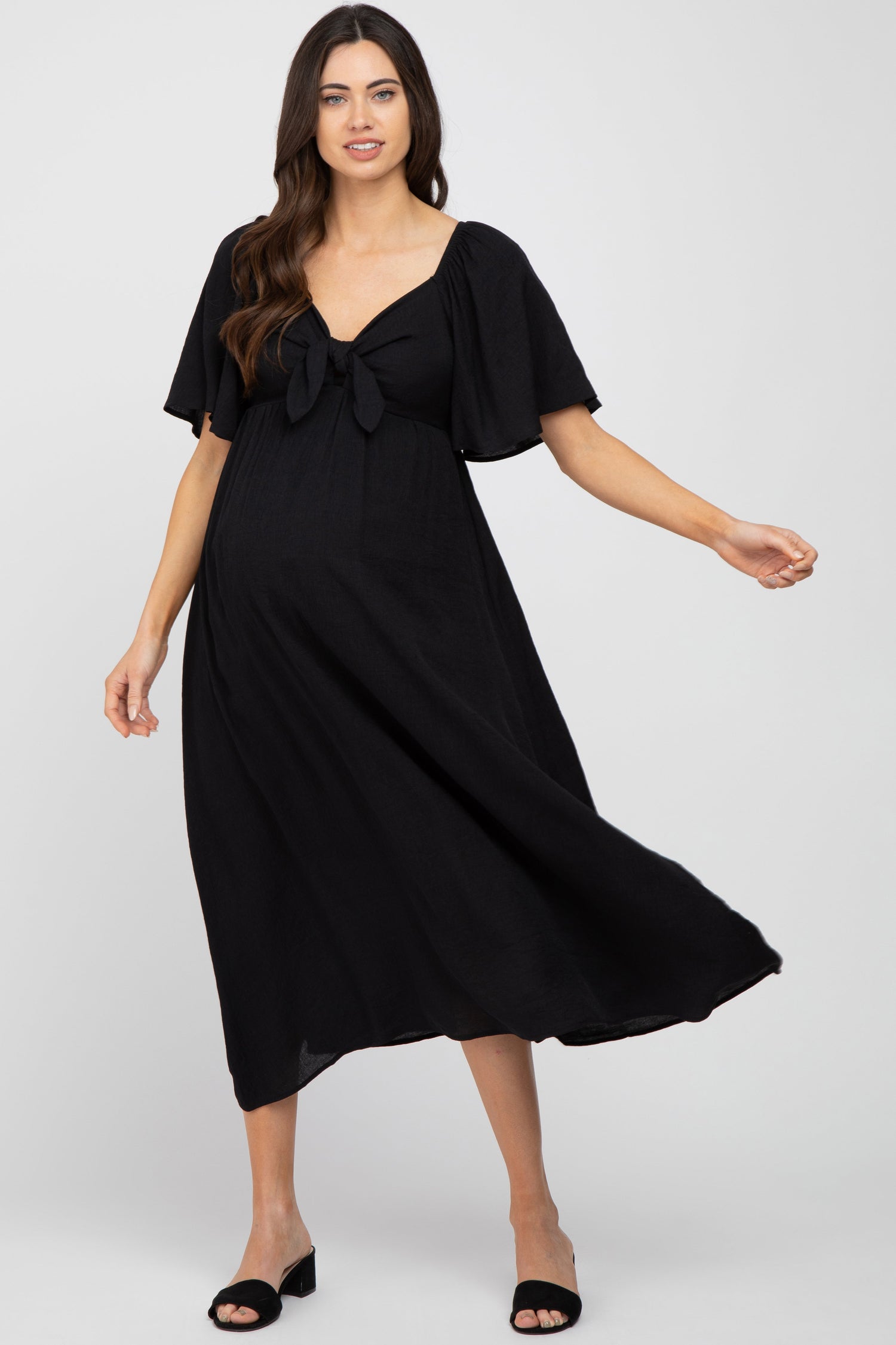 Black Front Tie Ruffle Sleeve Maternity Midi Dress by PinkBlush at Everetts Place