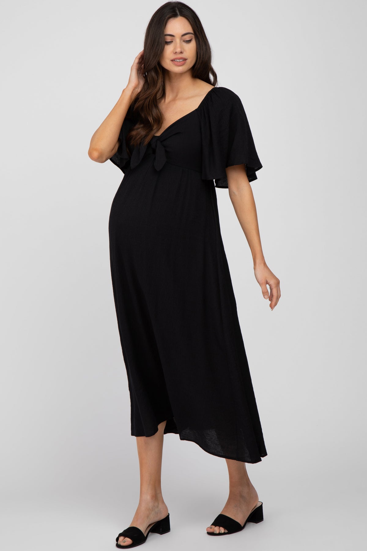 Black Front Tie Ruffle Sleeve Maternity Midi Dress - Day Dress, One-piece garment, Cocktail dress, Fashion Model, Photo shoot | Everetts Place