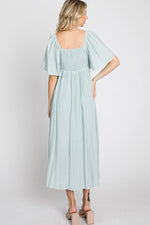 PinkBlush Elegant Maternity Midi Dress with Front Tie and Ruffle Sleeves for Expecting Mothers - Apparel & Accessories > Clothing > Maternity Clothing > Maternity Dresses Apparel & Accessories > Clothing > Dresses