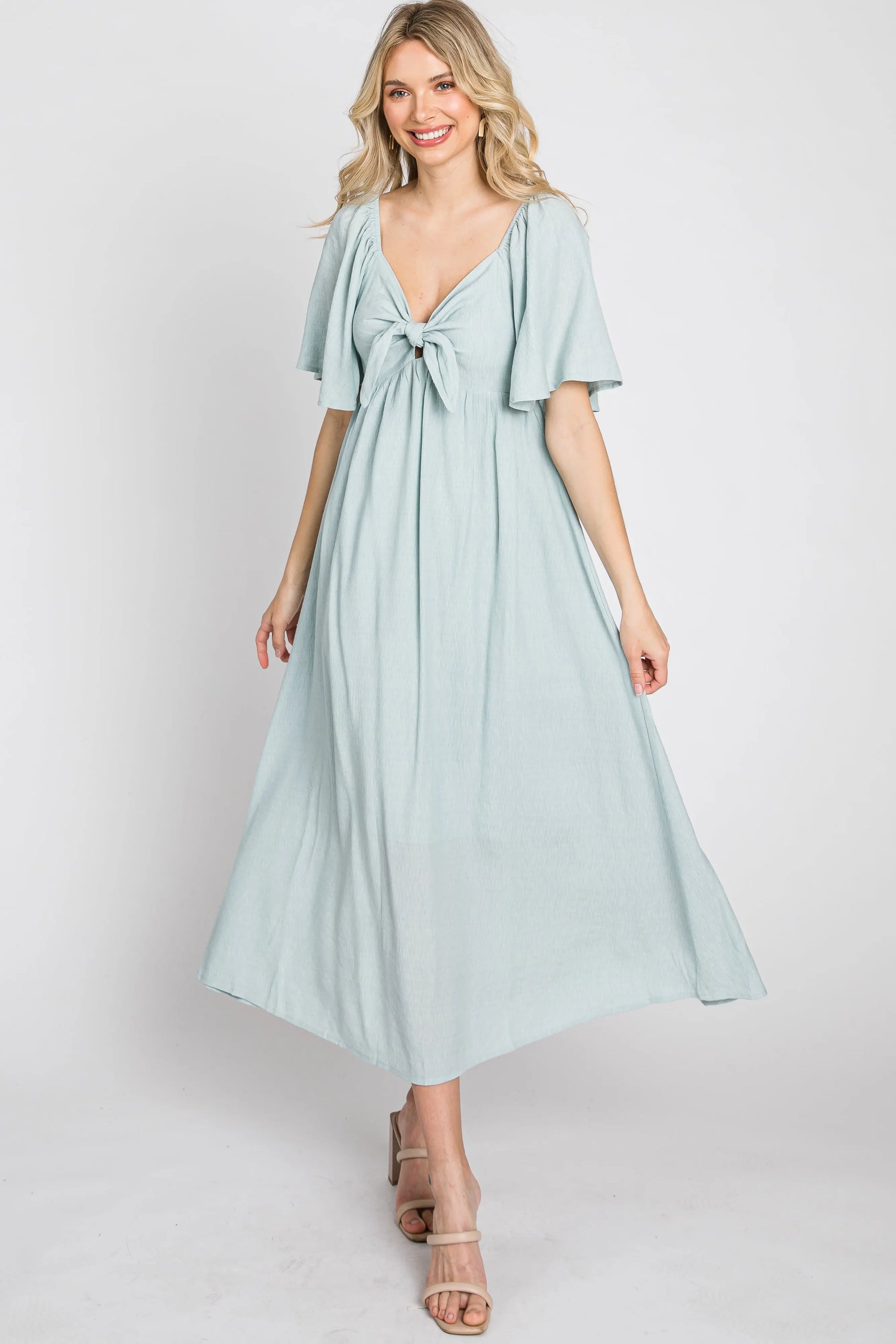 PinkBlush Elegant Maternity Midi Dress with Front Tie and Ruffle Sleeves for Expecting Mothers - Apparel & Accessories > Clothing > Maternity Clothing > Maternity Dresses Apparel & Accessories > Clothing > Dresses
