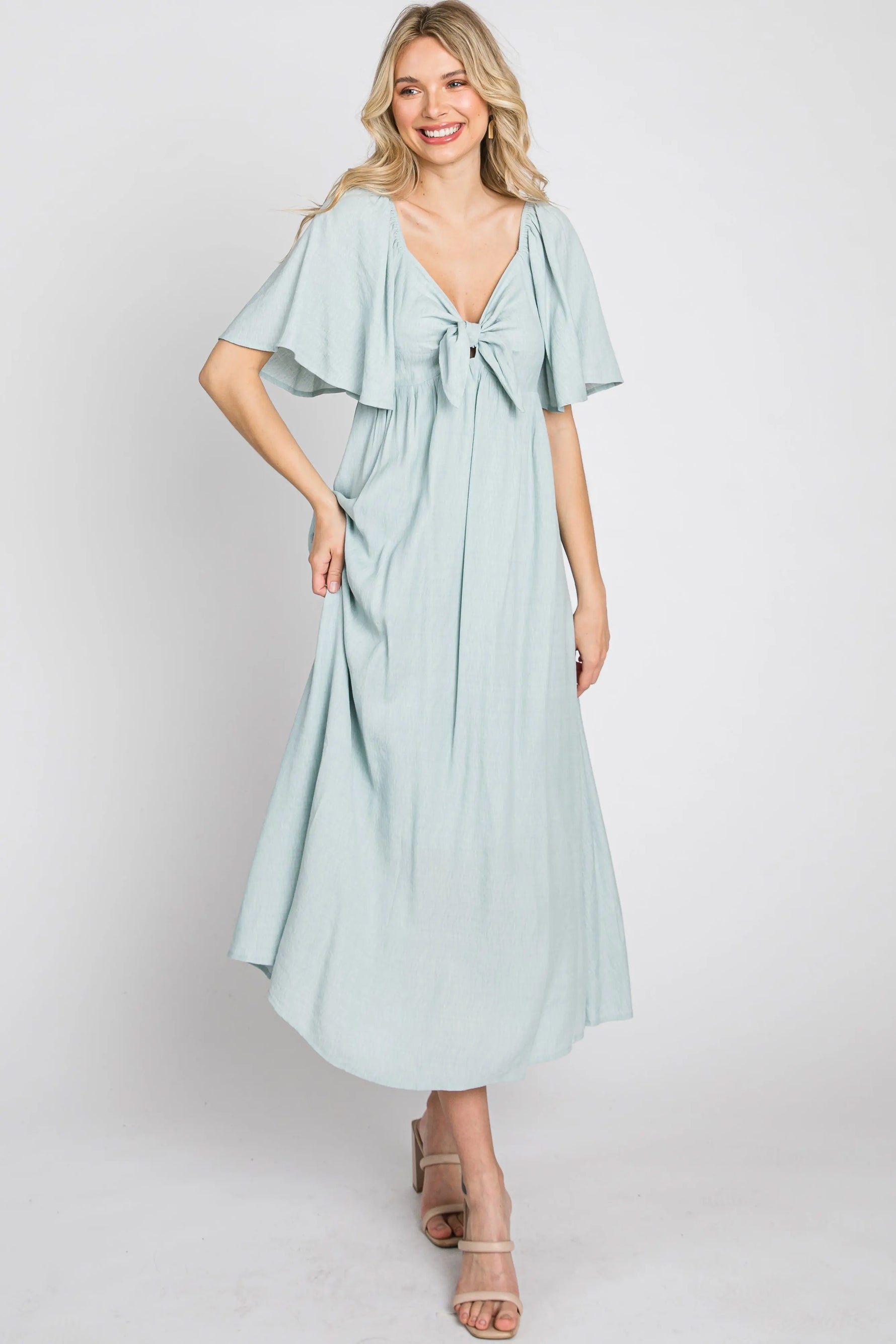 PinkBlush Elegant Maternity Midi Dress with Front Tie and Ruffle Sleeves for Expecting Mothers - Apparel & Accessories > Clothing > Maternity Clothing > Maternity Dresses Apparel & Accessories > Clothing > Dresses