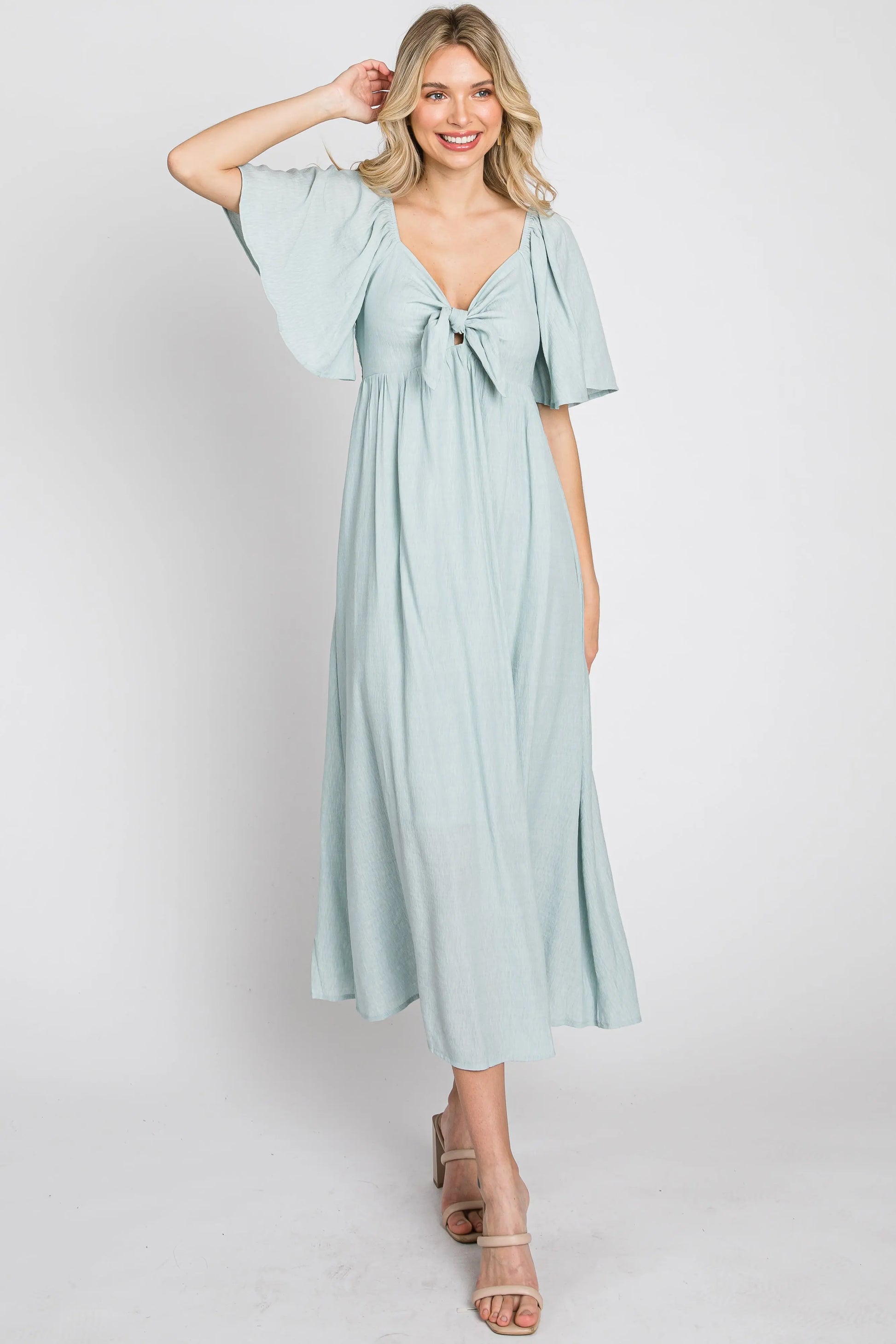 Light Blue Front Tie Ruffle Sleeve Maternity Midi Dress PinkBlush