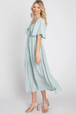 PinkBlush Elegant Maternity Midi Dress with Front Tie and Ruffle Sleeves for Expecting Mothers - Apparel & Accessories > Clothing > Maternity Clothing > Maternity Dresses Apparel & Accessories > Clothing > Dresses