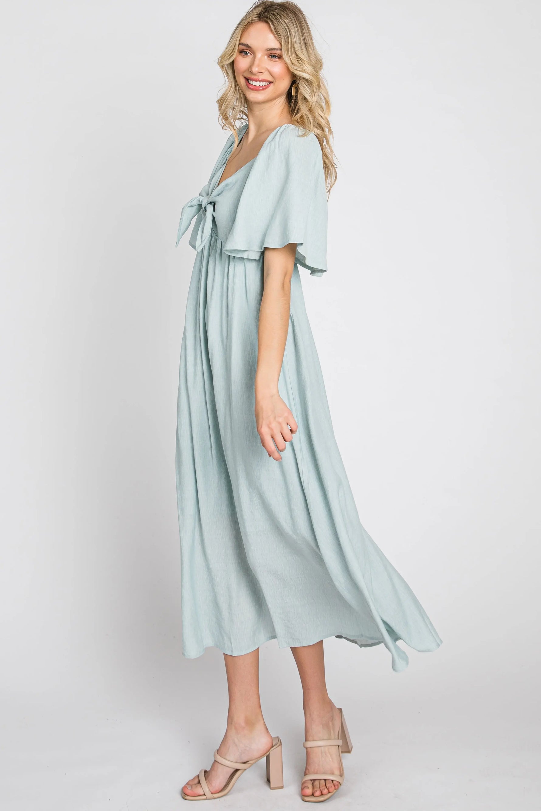 PinkBlush Elegant Maternity Midi Dress with Front Tie and Ruffle Sleeves for Expecting Mothers - Apparel & Accessories > Clothing > Maternity Clothing > Maternity Dresses Apparel & Accessories > Clothing > Dresses