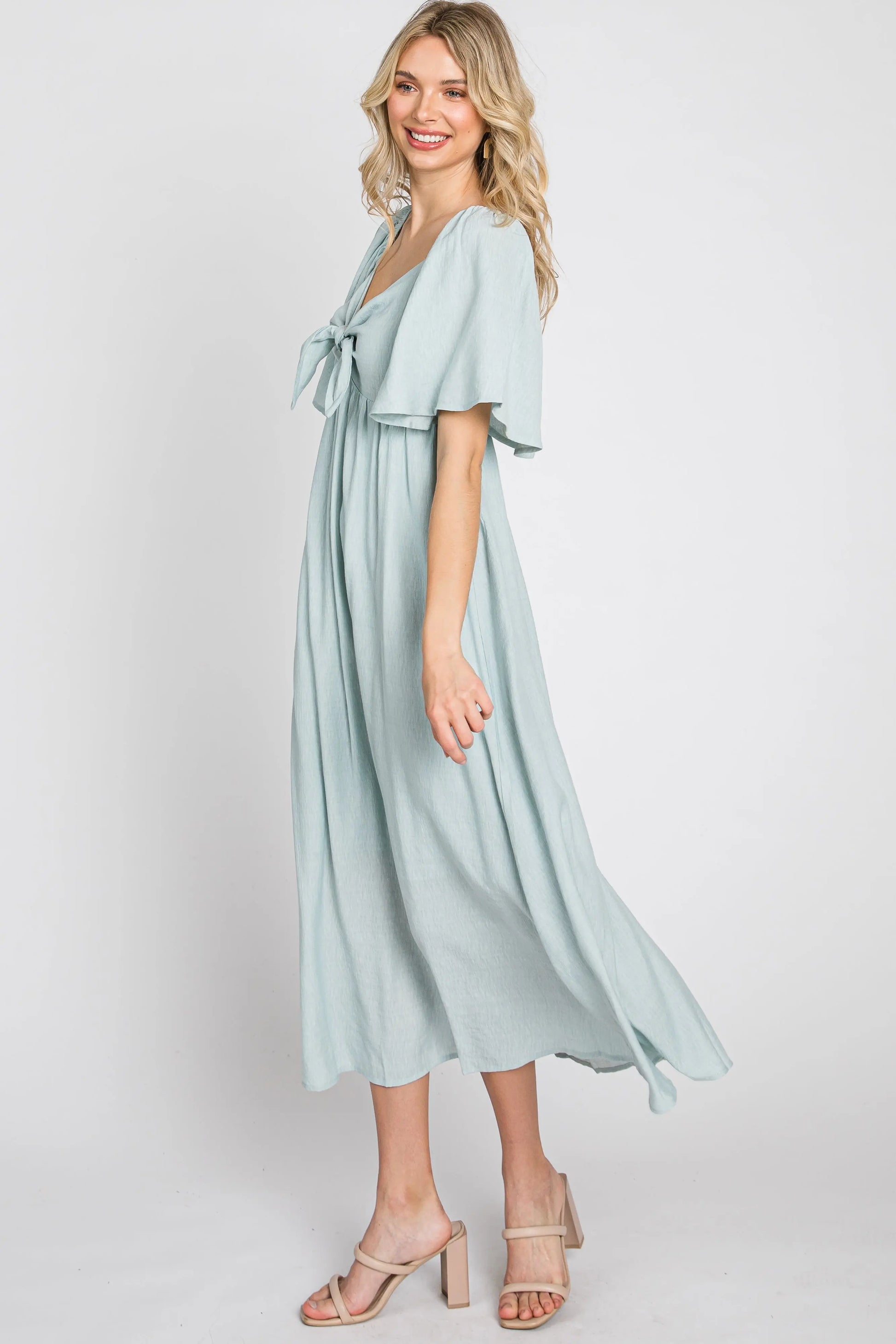 Light Blue Front Tie Ruffle Sleeve Maternity Midi Dress PinkBlush