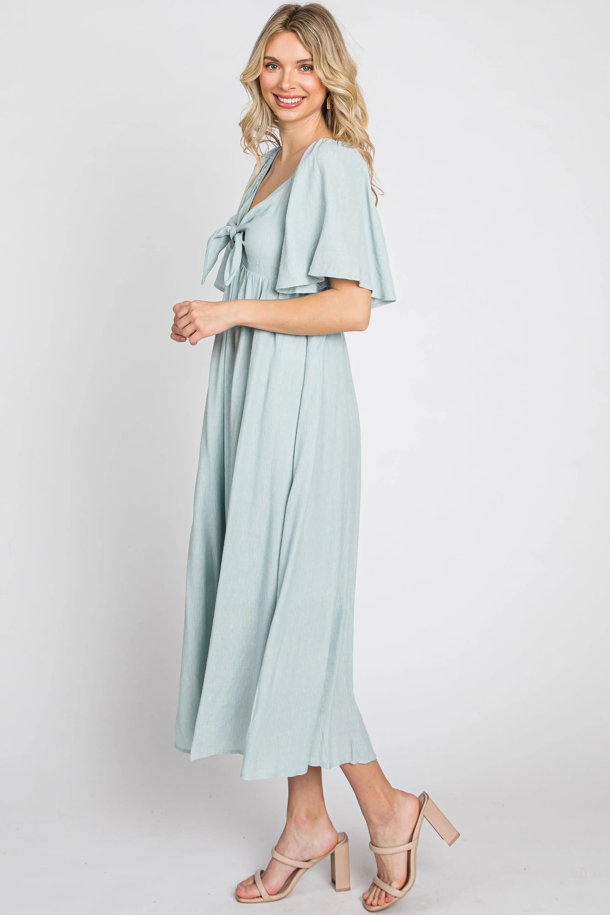Light Blue Front Tie Ruffle Sleeve Maternity Midi Dress PinkBlush