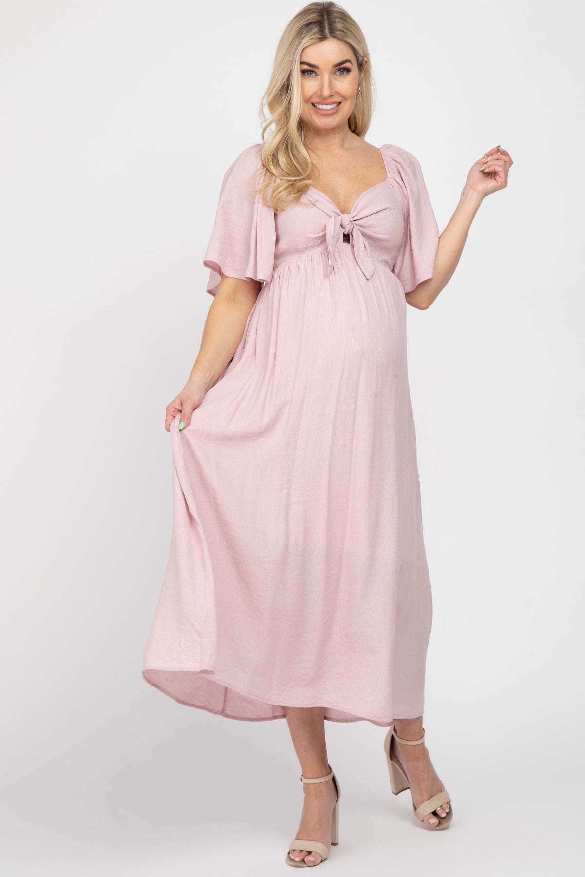 Light Pink Front Tie Ruffle Sleeve Maternity Midi Dress by PinkBlush (view 1 of 6)