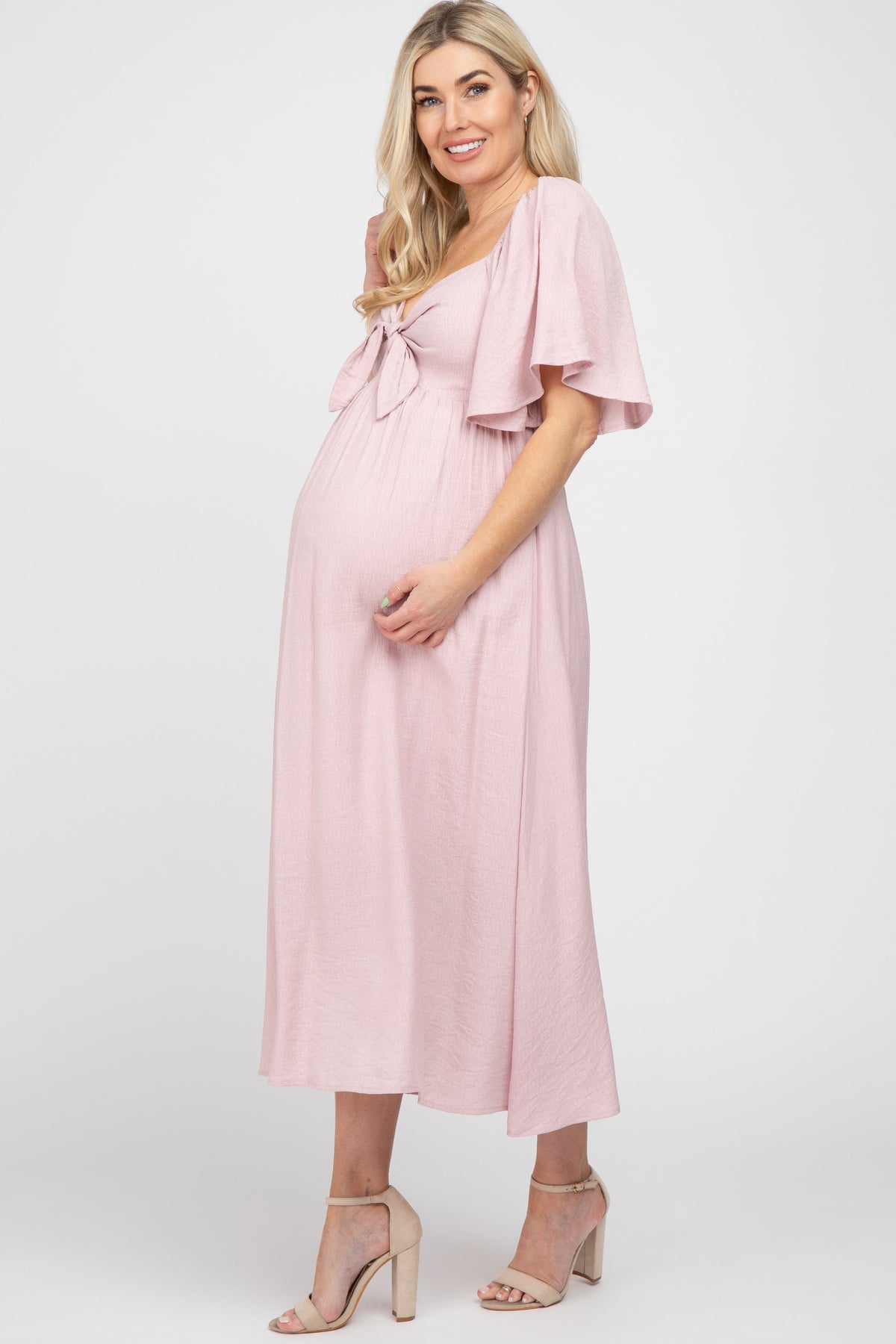 Light Pink Front Tie Ruffle Sleeve Maternity Midi Dress by PinkBlush (view 2 of 6)