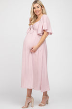 Light Pink Front Tie Ruffle Sleeve Maternity Midi Dress by PinkBlush (view 2 of 6)