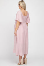 Light Pink Front Tie Ruffle Sleeve Maternity Midi Dress by PinkBlush (view 3 of 6)