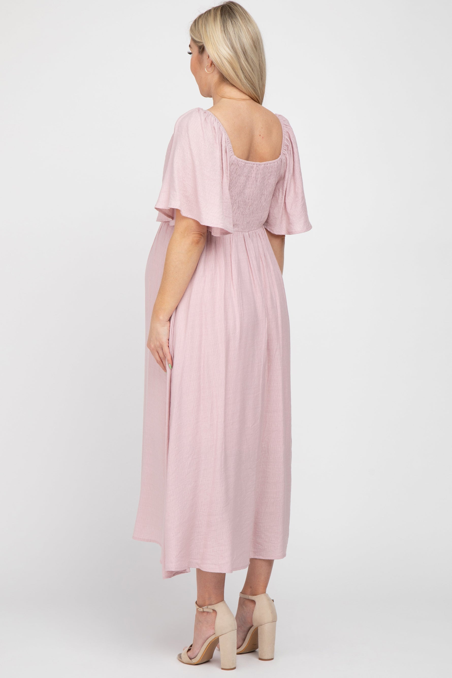Light Pink Front Tie Ruffle Sleeve Maternity Midi Dress by PinkBlush at Everetts Place