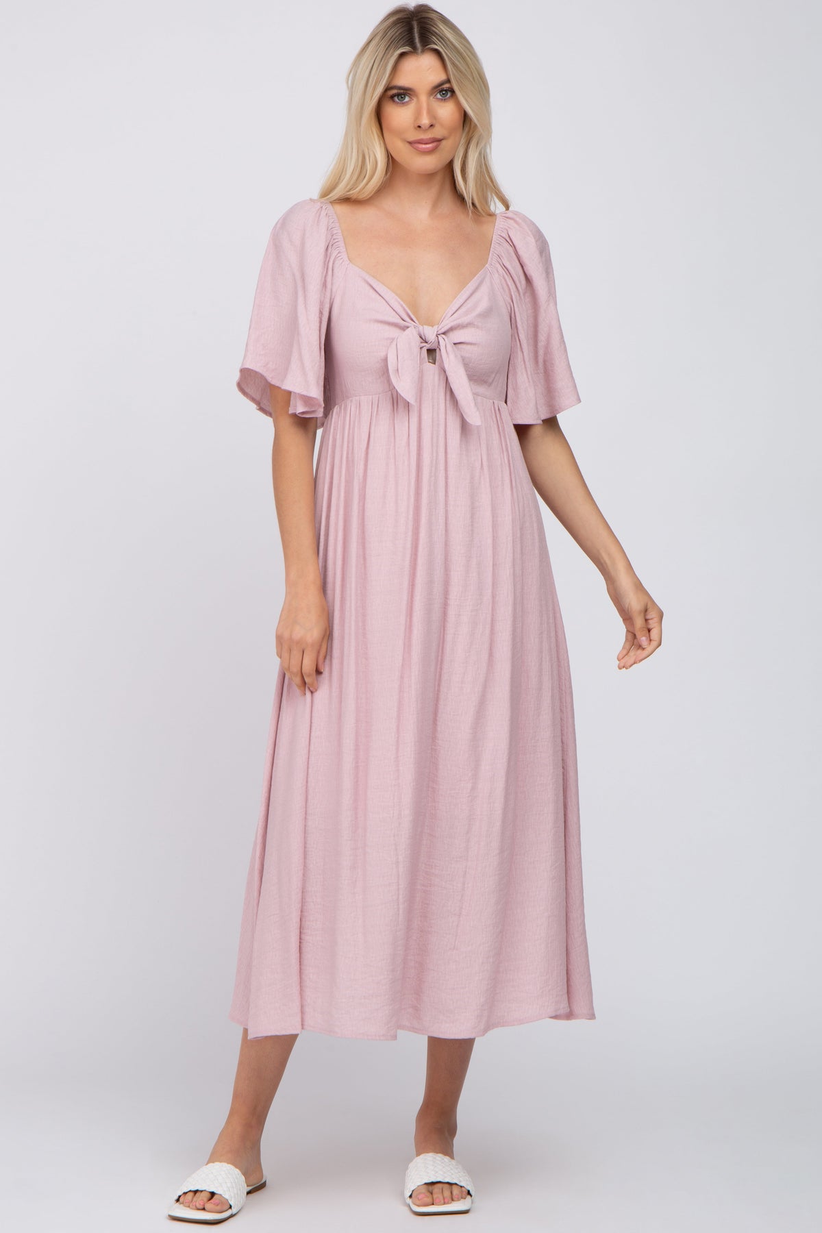 Light Pink Front Tie Ruffle Sleeve Maternity Midi Dress by PinkBlush (view 6 of 6)