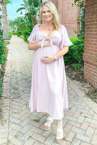 Light Pink Front Tie Ruffle Sleeve Maternity Midi Dress by PinkBlush at Everetts Place