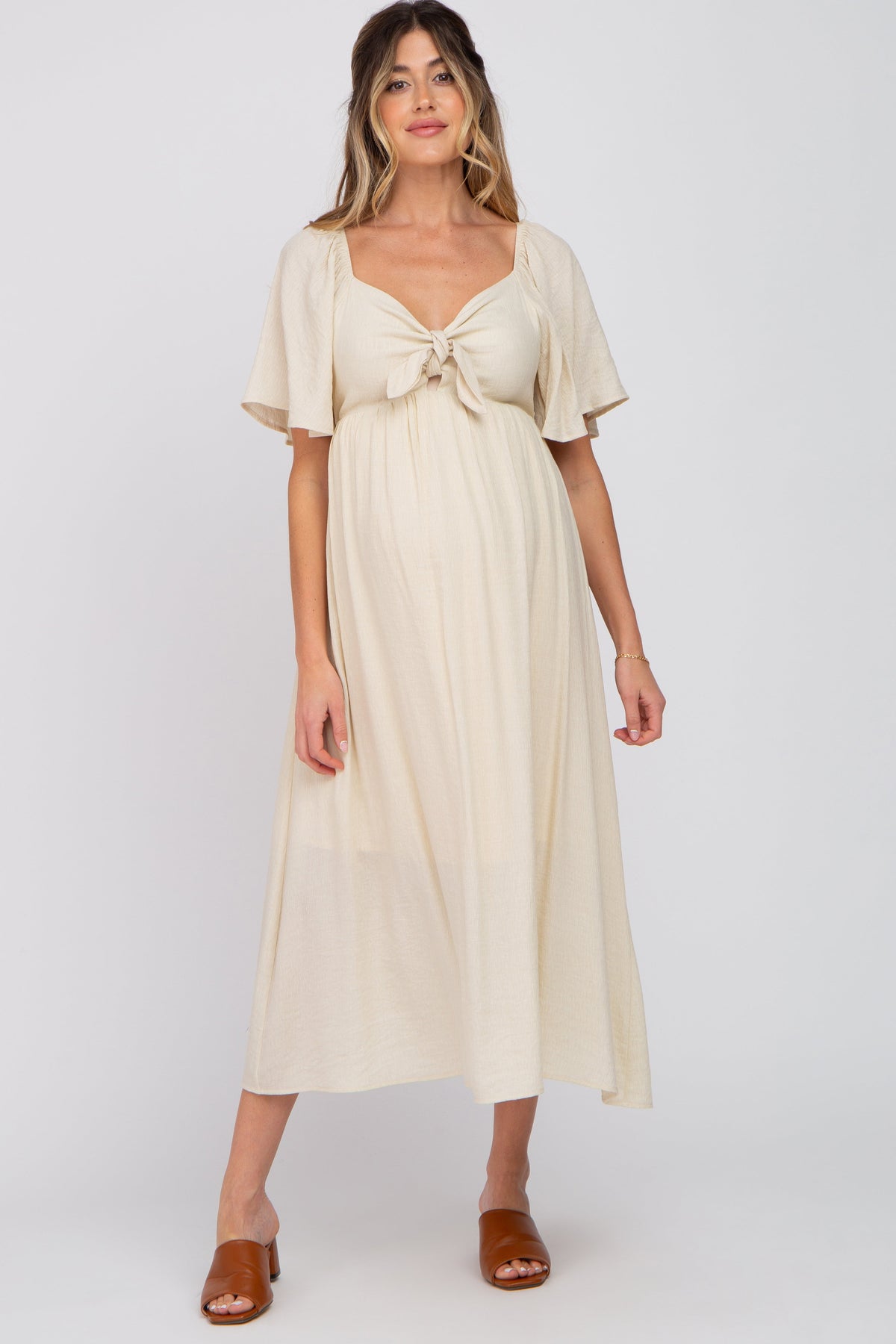Ruffle Sleeve Front Tie Maternity Midi Dress by PinkBlush (view 1 of 16)