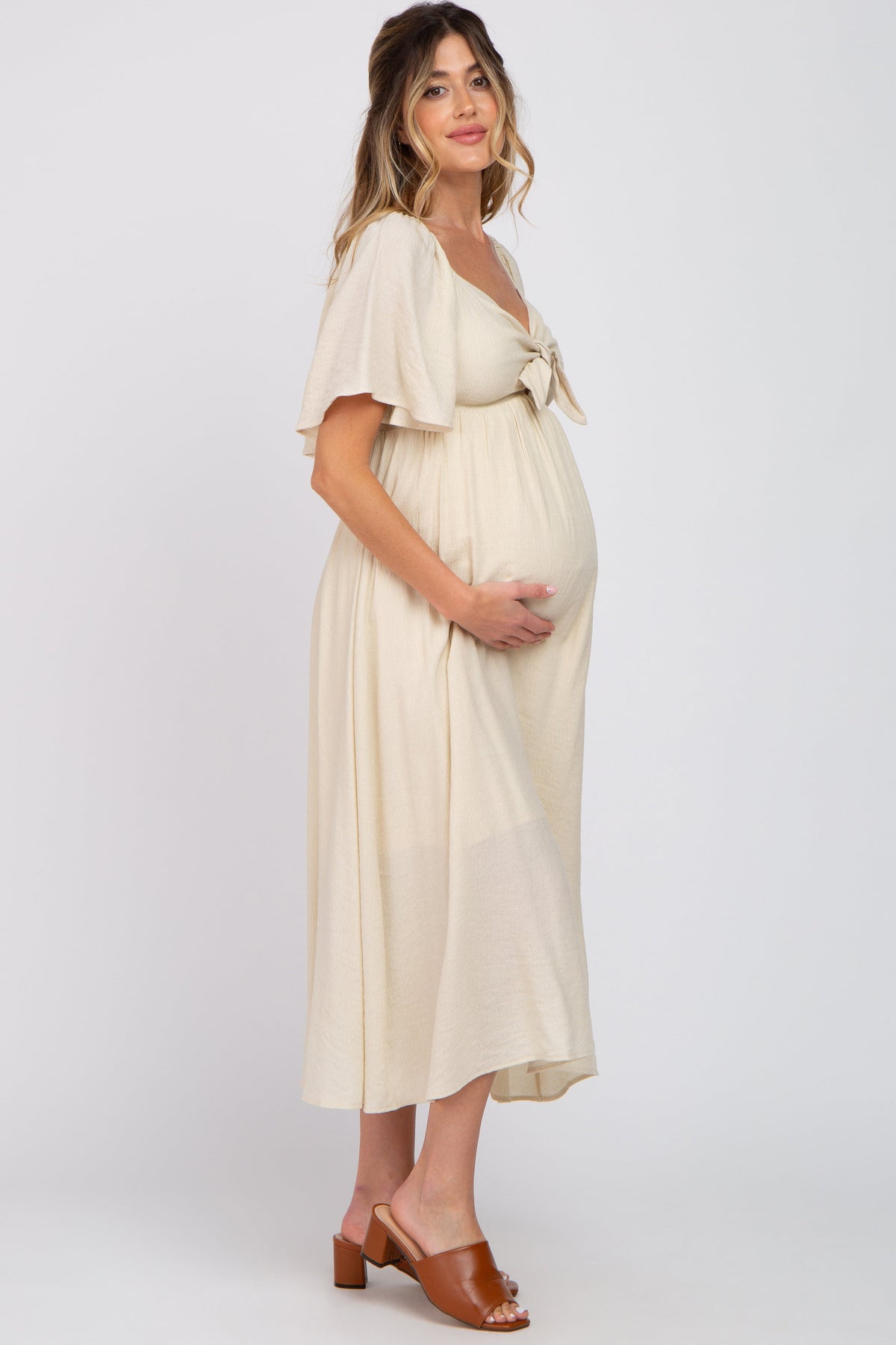 Ruffle Sleeve Front Tie Maternity Midi Dress by PinkBlush (view 2 of 16)