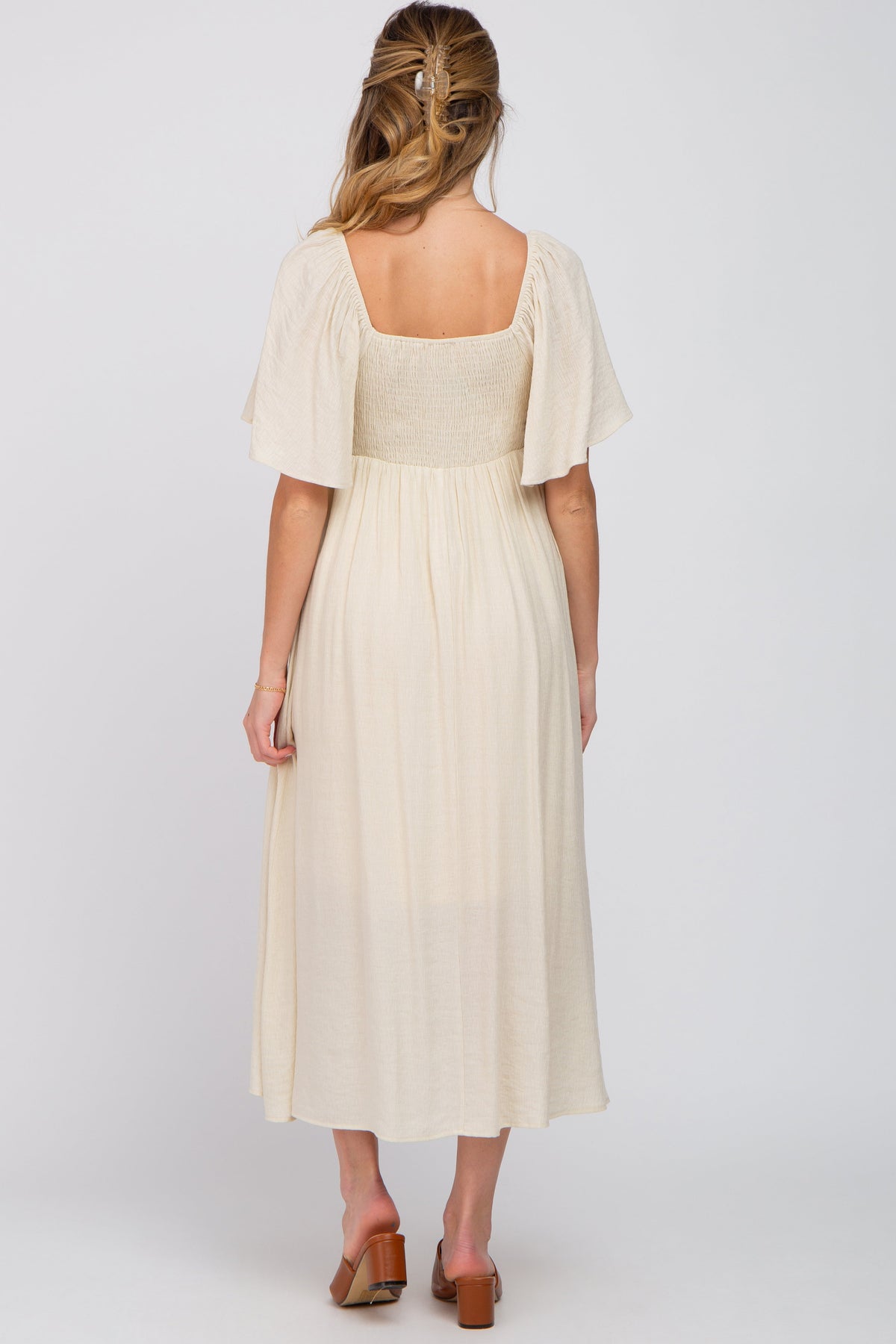 Ruffle Sleeve Front Tie Maternity Midi Dress by PinkBlush (view 3 of 16)
