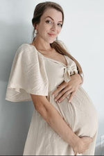 Beige Front Tie Ruffle Sleeve Maternity Midi Dress by PinkBlush at Everetts Place