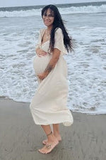 Beige Front Tie Ruffle Sleeve Maternity Midi Dress by PinkBlush at Everetts Place